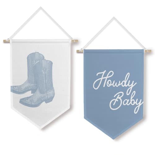 BlissfulAbon Western Nursery Canvas Banner Set - Coastal Cowgirl Room Decor, Preppy Howdy Baby Blue Hanging Pennant Flag, Cowboy Nursery Decor, 11 X 15 Inch Set of 2