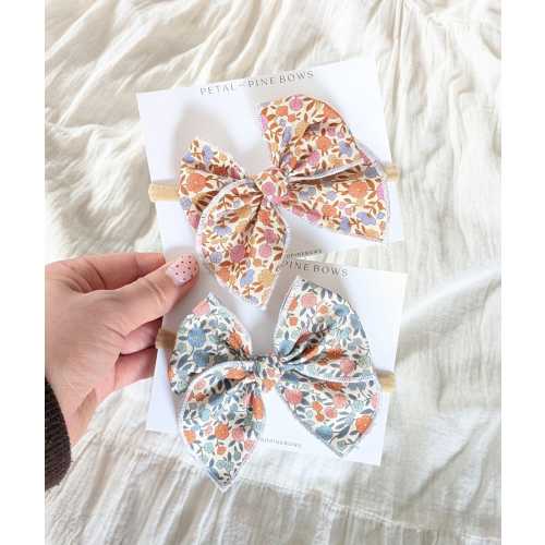 Lyra Bow: Blue and Pink Floral Fable Bow, Handmade Bow, Newborn Toddler Hair Clip, Spring Bow and Headband, Newborn Headband