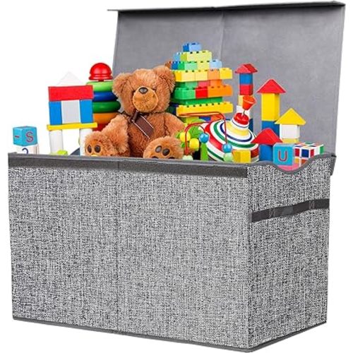 YOLOXO Toy Box Chest, Collapsible Sturdy Storage Bins with Lids, Extra Large Kids Toy Storage Organizer Boxes Bins Baskets for Kids, Boys, Girls, Nursery Room, Playroom, Closet (Linen Gray)