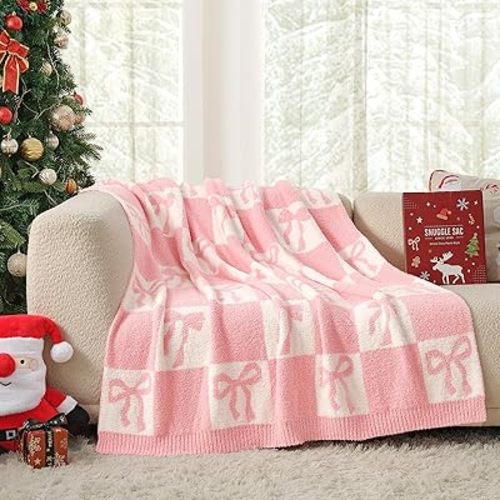 Snuggle Sac Bow Throw Blanket for Couch Microfiber Fluffy Warm Cozy Fuzzy Reversible Checkered Blankets for Sofa, Chair, Bed, 50x60 inches
