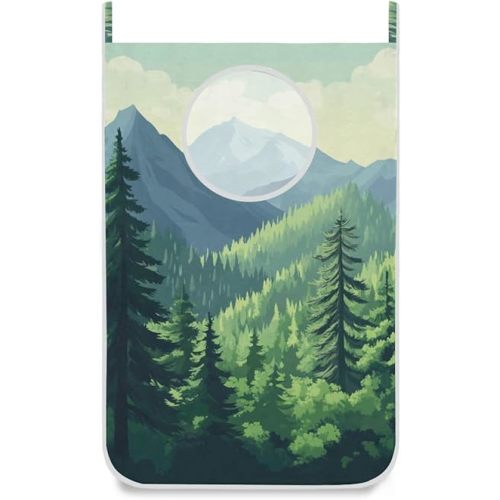 1PC Hanging Laundry Hamper Bag Over the Door Laundry Hamper Wall Hamper Large Dirty Clothes Hamper with Stainless Steel Hooks 29.5x20Inch Trees Mountain Green