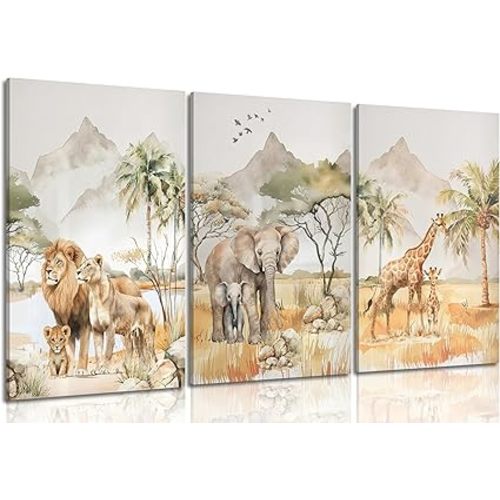 Safari Animals Nursery Wall Art Woodland Animals Nursery Wall Decor Cute Giraffe Elephant Lion Picture Painting Tropical Savanna Poster Print Artwork for Baby Room Boy Room Kids Room Decoration