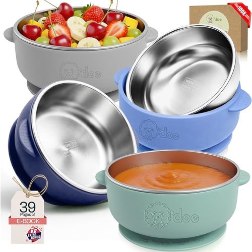 o'doe Suction Bowls for Baby - Non-Toxic Stainless Steel Baby Bowls 5" with Non-Slip Removable Silicone Shell - BPA-Free Toddler Bowls (Dark Blue + Powder Blue + Grey + Green)