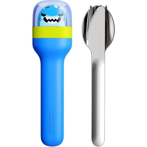 ZOKU Kids Pocket Utensil Set, Shark - Stainless Steel Fork, Knife, and Spoon in Case - Portable Design for Travel, School, Picnics, Camping and Outdoor Home Use