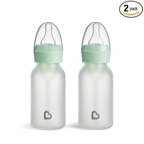 Munchkin Bond Silicone Coated Glass Baby Bottles - Anti-Colic Feeding System with Natural Feel Nipples, 4 Ounce, 2 Pack, Mint/Green