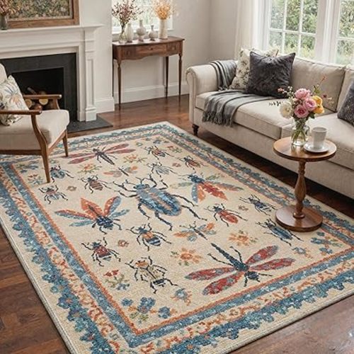 Bavni Bug 5x7 Area Rug, Animal Jungle Machine Washable Living Room Rug, Non Slip Beige Rugs for Bedroom, Low Pile Soft Stain Resistant Floral Rugs for Nursey Kids Room Playroom