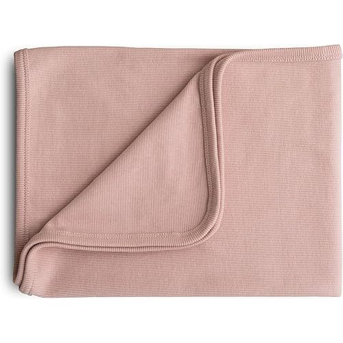 mushie Extra Soft Baby Blanket | Cotton and Elastane Ribbed Receiving Blanket, Swaddle, Stroller | 35x35 Inch (Blush)