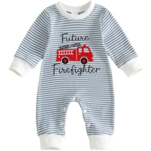 Sasaerucure Newborn Baby Boy Fall Outfit Firetruck Long Sleeve Jumpsuit