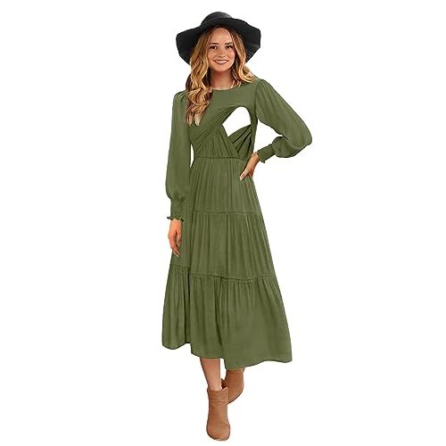 CzzzyL Womens Flutter Long Sleeve Smocked Tiered Nursing Dress for Breastfeeding with Pockets