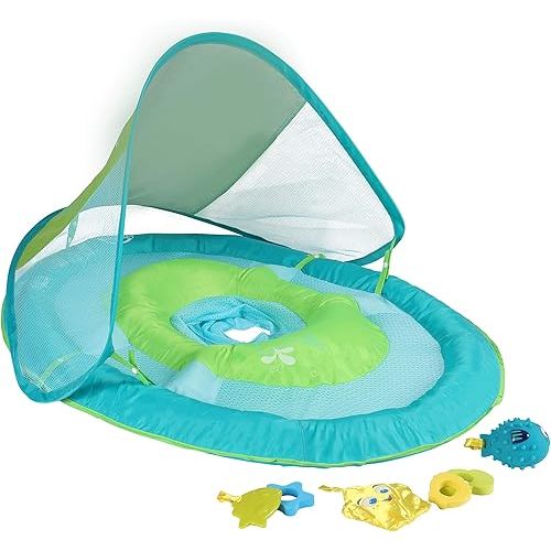 SwimWays Baby Spring Float with Canopy - Inflatable Float for Children with Detached Floating Toys and UPF Sun Protection - Aqua/Green