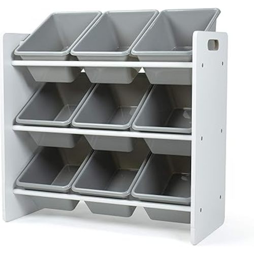 Humble Crew 9-Bin Toy Organizer – Explorer Natural White/Grey Plastic Bins, 3-Tier Storage Solution for Kids' Playrooms and Nurseries