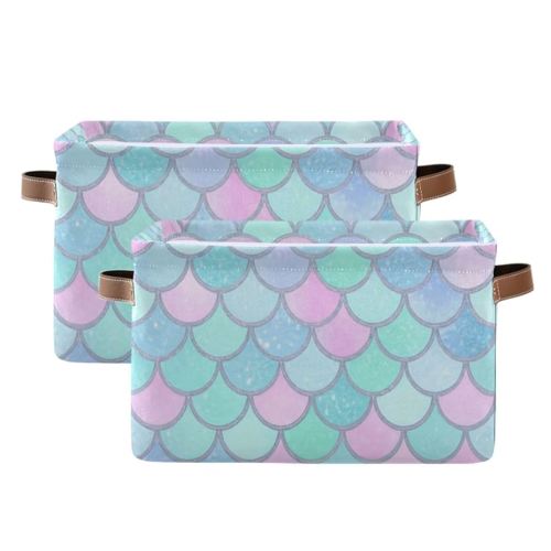STAYTOP Mermaid Scales Storage Baskets for Shelves 2Pack,Fabric Closet Organizers and Storage Bins with Handles Home Organization,Decorative Collapsible Baskets for Organizing Clothes