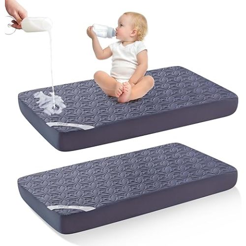 Waterproof Crib Mattress Protector 2 Pack, Soft and Breathable Crib Mattress Pad Cover, Noiseless Machine Washable Toddler Mattress Protector for Standard Baby Toddler Bed (52''x28'',Navy Blue)