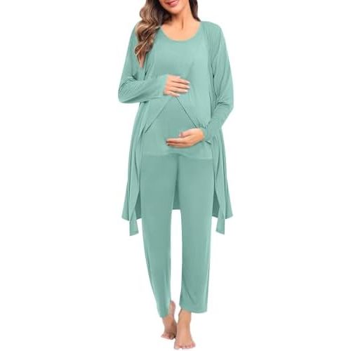 SWOMOG Maternity Nursing Robe Set 3 PCS Postpartum Breastfeeding Pajamas Hospital Pregnancy Pjs Double Layer Lounge Set