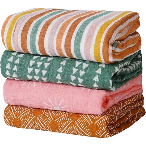 4 Set Muslin Swaddle Blankets for Newborn Baby Boys, Girls,Receiving Blankets-Cute Soft Print Baby Towel Wrap 120x110cm Baby(Leaf)