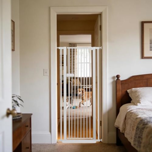 Lumizone Extra Tall Cat Gate 55.12" High Pressure Mounted Extra Wide 2025 New (17 Sizes) 1.37" Gap No Drilling Auto-Close One-Handed Operation Tall Pet Gate for Dogs(White, 55.12" H x 26.18"-29.91" W)