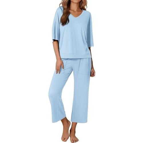 Ekouaer Lounge Sets for Women Comfy Pajamas Set 2 Piece Outfits Short Sleeve Tops and Wide Leg Pants with Large Pockets
