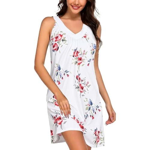 Sunm Boutique Women Cotton Nightgowns Sleepwear Sleeveless V-neck Sleepshirt Sleep Dress with Side Pockets S-XXL