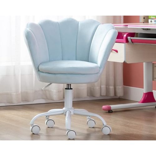 Cute Kids Desk Chair,Velvet Bedroom Chair Adjustable Child Computer Chair Swivel Shell Vanity Chairs for Girls Bedroom/Study Room, Light Blue