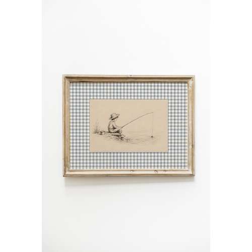 Boys Nursery Wall Art, Vintage Fishing Boy Print, Blue Gingham Storybook Decor