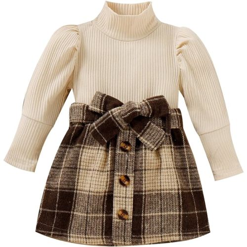 fhutpw Baby Toddler Girl Outfits Fall Winter Clothes Turtleneck Knitted Cotton Long Sleeves Tops & Button Mini Skirts Set