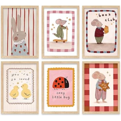 Framed Cute Animal Nursery Wall Art, Cartoon Bunny Mouse Duck Ladybug Canvas Prints, Soft Pastel Striped Checkered Border Kids Room Wall Decor, Whimsical Baby Bedroom Canvas Painting Gift for Newborn