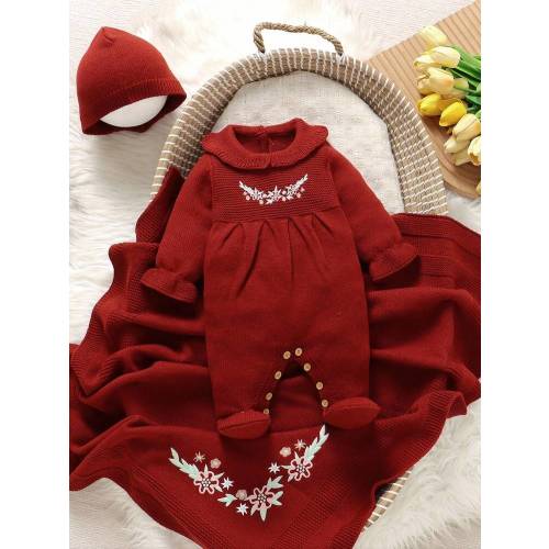 SHEIN 3pcs Newborn Baby Girl Outfit Set: Embroidered Peter Pan Collar Jumpsuit, Hat, And Knit Blanket Red Newborn Dress Red Baby Outfits Cherry Baby Outfit Dress Christmas For Baby Girl Christmas Outfit Dress Christmas For Baby Gil | SHEIN USA
