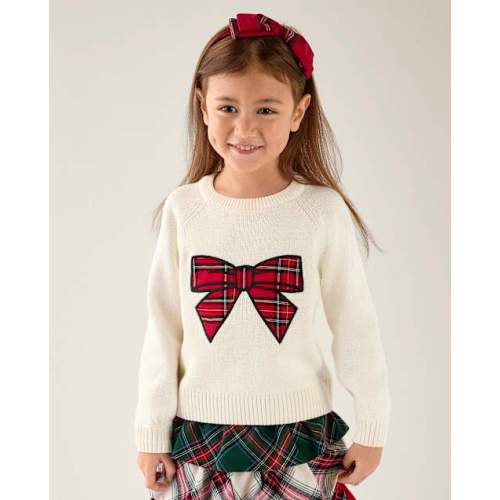 Girls Plaid Applique Bow Raglan Sweater - Tartan Remix - Cream