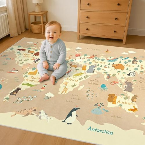4x6 Kids World Map Playroom Rug with Animals – Educational Washable Play Mat for Toddlers, Cute Global Animal, Featuring Continents & Native Wildlife Carpet for Baby Bedroom, Dorm or Classroom - Beige