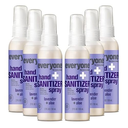 Everyone Hand Sanitizer Spray, 2 Fl Oz (Pack of 6), Lavender and Aloe, Made with Sugarcane Derived Alcohol with Essential Oils, 99% Effective Against Germs TSA friendly