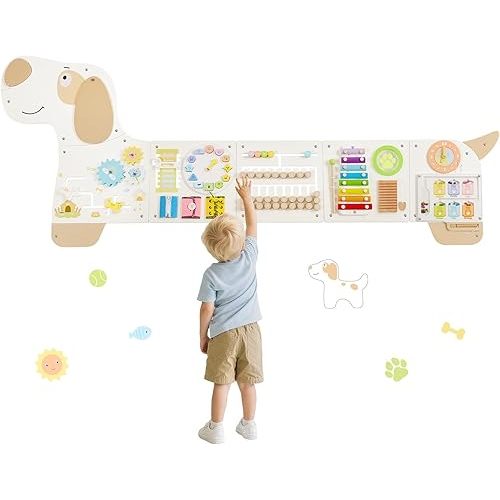 Wooden Dog Wall Busy Board Panels, Sensory Wall Busy Board for Toddlers 1-3, Montessori Learning Activity Center, Educational Toys for for Kids Room, Preschool & Daycare