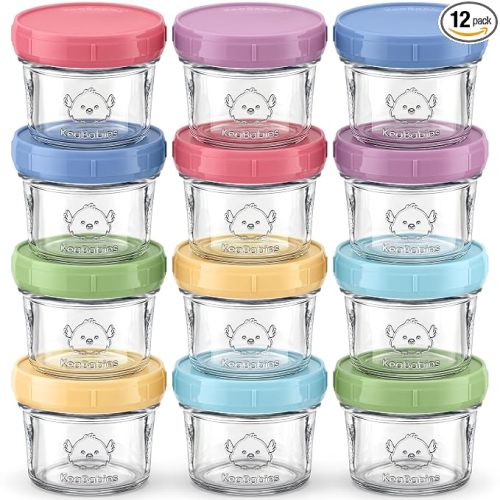 KeaBabies 12pk 4oz Glass Baby Food Containers with Lids - Leak-Proof, Microwavable Small Glass Jars, Baby Purees & Toddler Snack Storage Containers, BPA-Free, Dishwasher & Freezer Safe (Nord)