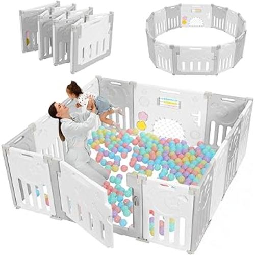 Baby Playpen, Dripex Baby Playard for Babies and Toddlers, 14-Panel Foldable Playpen Adjustable Portable Play Area, Indoor/Outdoor Kids Active Center with Game Panel & Safety Gate, Grey White