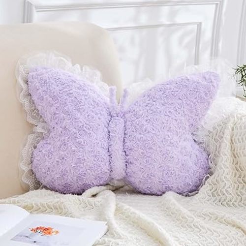 XVTRU Butterfly Pillow Lavender Decorative Pillows 20" Butterfly Shaped Cute Throw Pillows with Lace Aesthetic Bow Plush Cushion for Room Decor Bed Sofa Couch