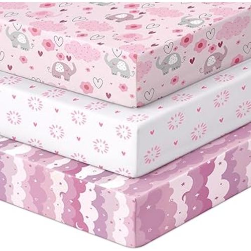 Pack and Play Sheets Fitted, 3 Pack Soft Stretchy Baby Mini Crib Sheets for Pack N Play Mattress and Portable Playard Sheets for Girls Pink Cloud Elephant