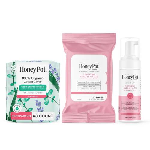 The Honey Pot Company - Postpartum Essentials Bundle - 48ct Postpartum Pads, Witch Hazel Feminine Wash, 20ct Witch Hazel Feminine & Hemorrhoid Wipes