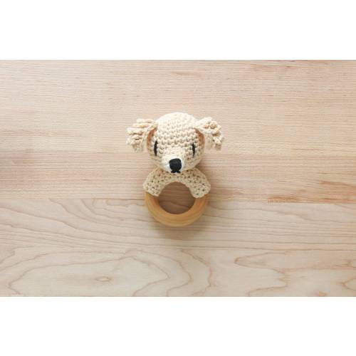 Crochet Golden Retriever Dog Rattle Wooden Teether – baby toy, handmade to order