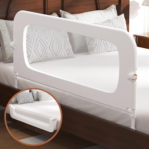 FigTime Bed Rail for Toddlers, Baby Bed Rail Guard for Kids, Toddler Bed Rails with Reinforced Anchor Fit, Height Adjustable & Foldable Bed Rail Guard for Twin, Full, Queen & King Beds (White, 48IN)