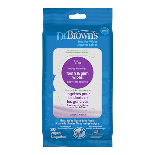 Dr. Brown's Tooth and Gum Healthy Wipes, Fluoride-Free Oral Care for Babies, Grape Flavor, 30 count, 1-Pack (Packaging May Vary) | Disposable Wipes Safely Clean Baby Teeth and Gums, Fluoride-Free, Grape Flavor