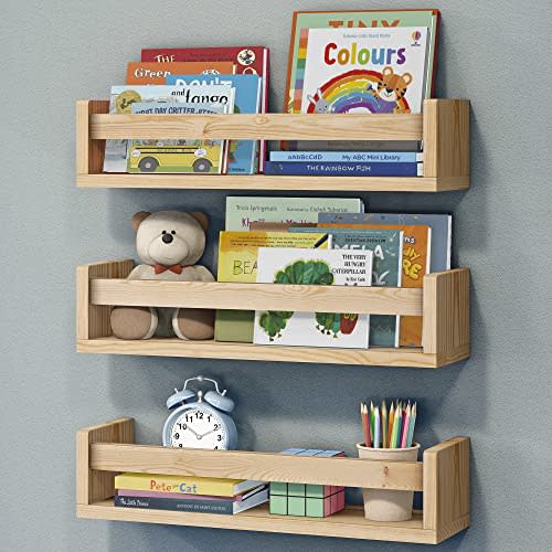 NATURE SUPPLIES Nursery Book Shelves, Set of 3 Floating Bookshelves for Wall for Nursery Decor & Playroom Decor, Bookshelf Kids, Baby Book Shelf Organizer (Natural Wood)