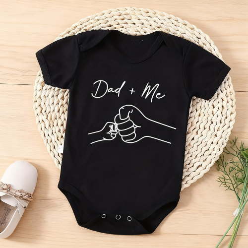 Infant's "Dad+Me" Fists Bump Print Thin Bodysuit, Comfy Short Sleeve Onesie, Baby Boy's Outdoor Clothing,Black