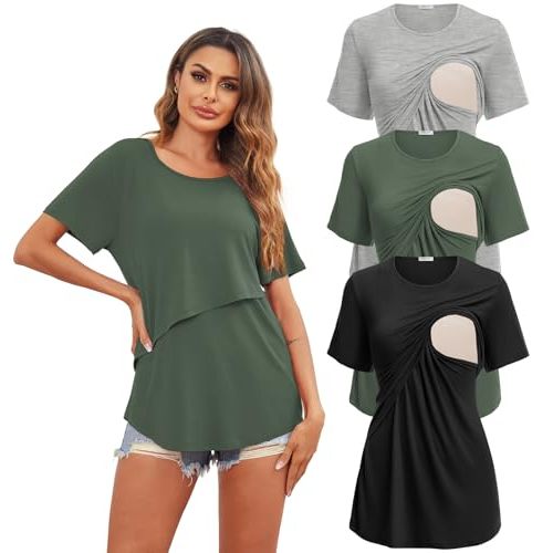 Ekouaer Women's Maternity Shirts Short Sleeves Nursing Tops 3 Pack Double Laye Breastfeeding Tees Pregnancy Clothes S-XXL