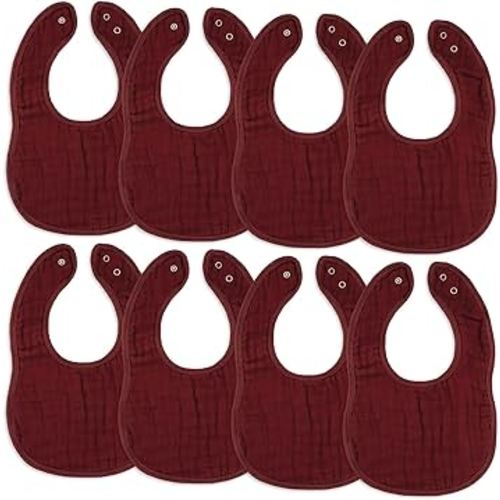 Comfy Cubs Muslin Bibs for Babies, Pack of 8 - Soft and Highly Absorbent, Feeding, Drool and Teething Bib, Adjustable Snaps - Stylish & Colorful Unisex Designs, Giftable Set - Wine