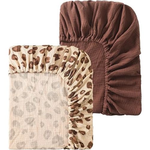 Baby Crib Sheets 2 PCS, 100% Organic Cotton Fitted Crib Sheet for Standard Crib Mattress (52"x28"), Soft and Breathable for Girl and Boy, Leopard Print, Khaki