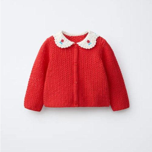 EMBROIDERED PETER PAN COLLAR CARDIGAN - Red | ZARA United States