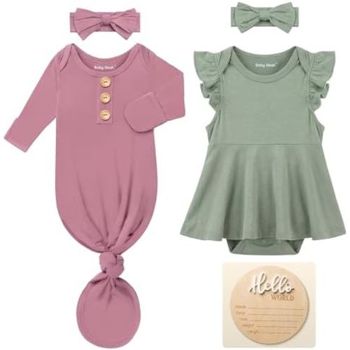 2 Pack Newborn Baby Girl Romper & Knotted Gown Set with Headbands, Announcement Sign, Soft Infant Outfit for Hospital