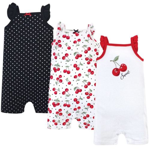 Hudson Baby Infant Girls Cotton Rompers 3pk, Cherries, 9-12 Months