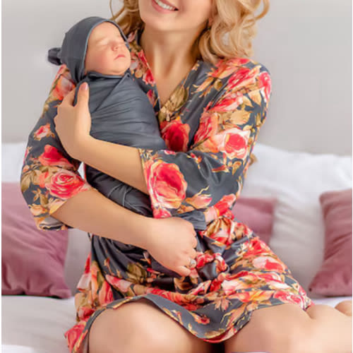 Matching robe and swaddle set mom and baby