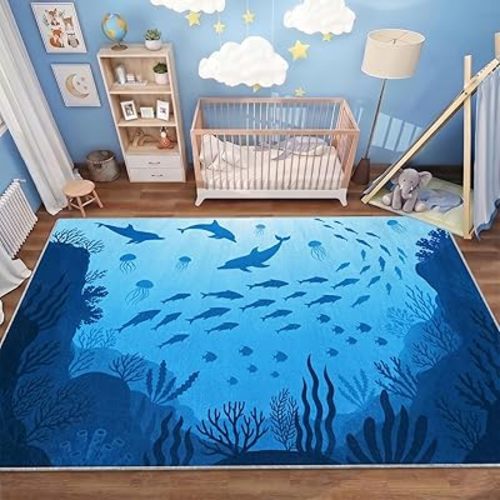 Deep Blue Ocean Dolphin Silhouette Area Rug, School of Fish Underwater World Non-Slip Washable Floor Mat, Modern Marine Life Home Decor Carpet for Boys Room Bathroom Bedroom Living Room, 3x4ft