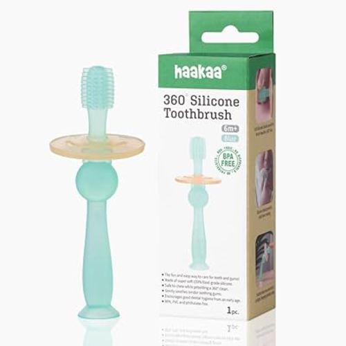 Haakaa 360° Silicone Baby Toothbrush – 100% Soft Food Grade Silicone, BPA-Free, Suction Base, Safe for Babies 6 Months+, Gentle Gum and Teeth Cleaning for Infants, Gum Massager